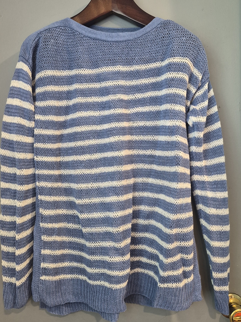Ralph Lauren Light Blue and White Striped Linen Crewneck Sweater